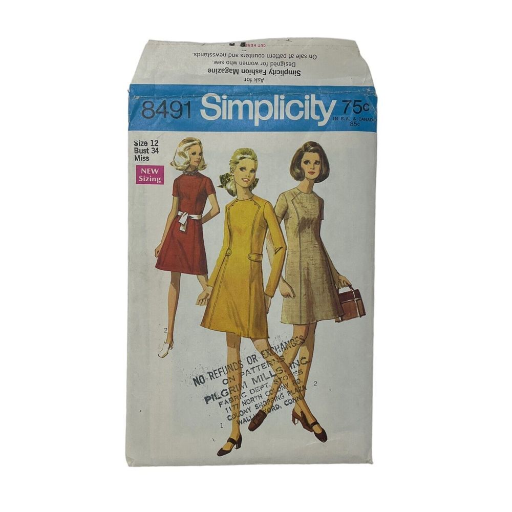 1969 SIMPLICITY 8491 Misses Mod Vintages Dress Sewing PATTERN Size‎ 12 UNCUT